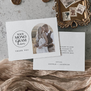 Carte De Remerciements MEGHAN Flat Monogramme noir blanc photo Mariage