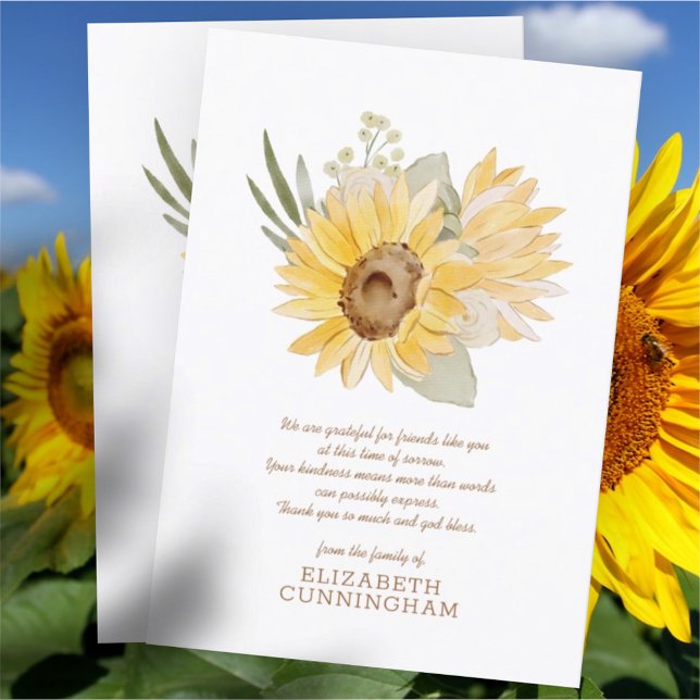Carte De Remerciements Mémorial Aquarelle Fleurs de soleil Folithe Botani (Créateur téléchargé)
