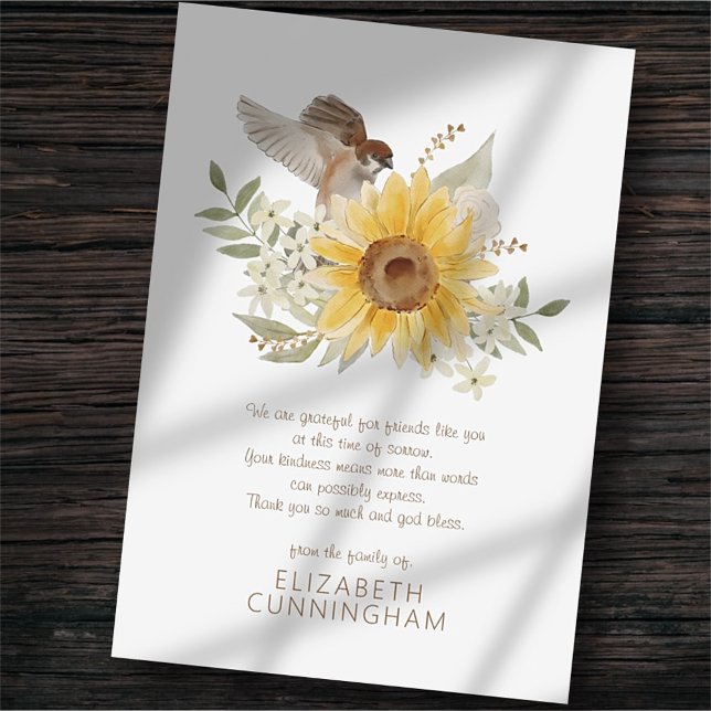 Carte De Remerciements Mémorial Aquarelle Oiseau et tournesols Botaniques (Créateur téléchargé)