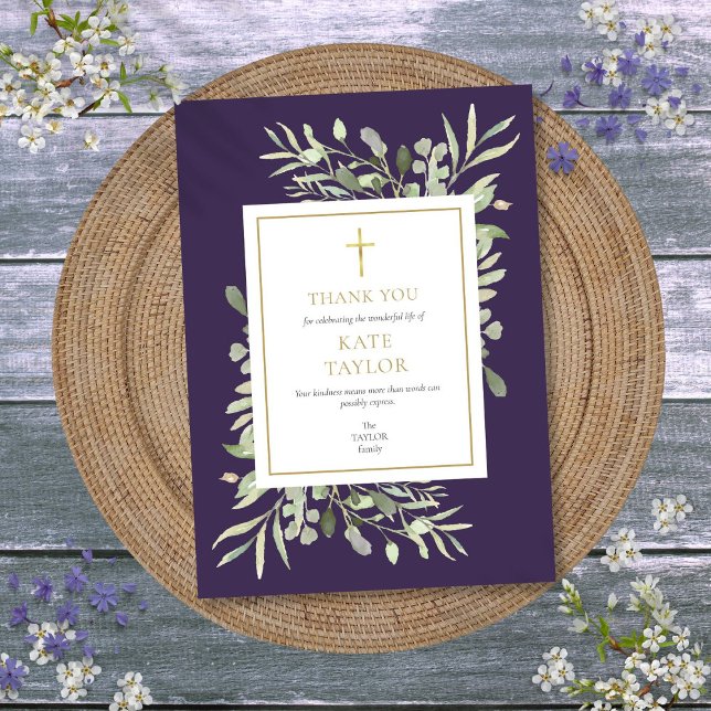 Carte De Remerciements Mémorial des funérailles chrétiennes (Purple Greenery Christian Funeral Memorial Thank You Card)