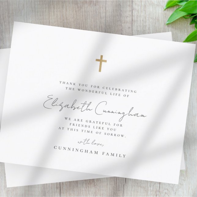 Carte De Remerciements Memorial Funeral Modern Faux Gold Cross (Créateur téléchargé)