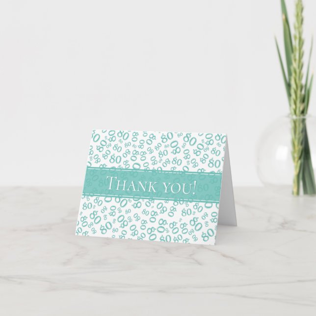Carte De Remerciements "Merci !" 80ème Turquoise et Motif numérique blanc (Devant)