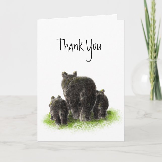 Carte De Remerciements Merci, Aquarelle Famille Ours Noir, Animal (Devant)