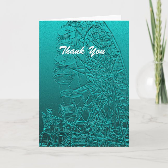 Carte De Remerciements Merci, blanc à l'intérieur, roue de Ferris bleue (Devant)