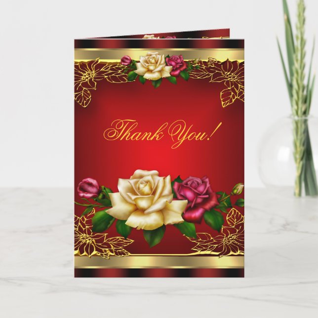 Carte De Remerciements Merci, Crème Rouge Roses Or Elegant 6 (Devant)