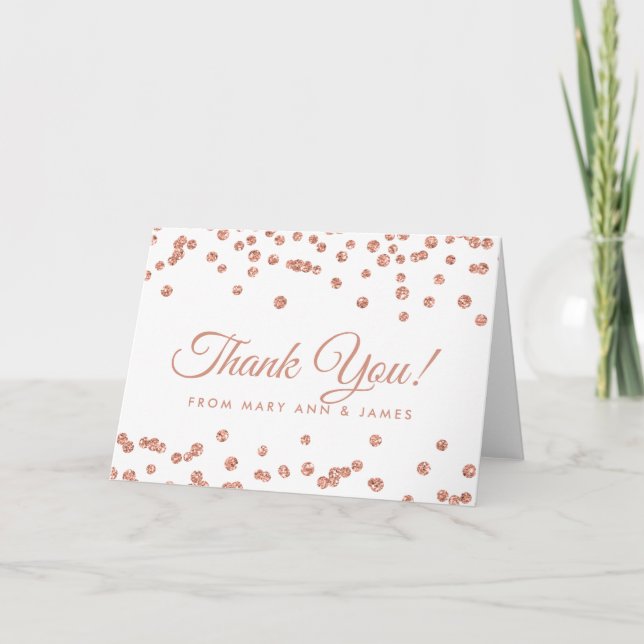 Carte De Remerciements "Merci" Faux Paillettes Confetti Blanc Or Rose (Devant)