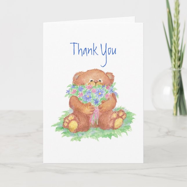 Carte De Remerciements Merci, général, fleurs et ours de nounours (Devant)