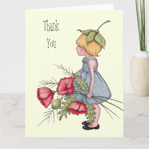 Carte De Remerciements Merci, Petite fille aux fleurs de pavot, Art