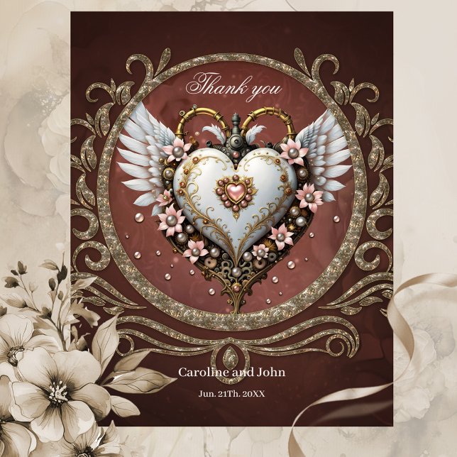 Carte De Remerciements Merveilleux coeur noble steampunk avec ailes. (Heart)