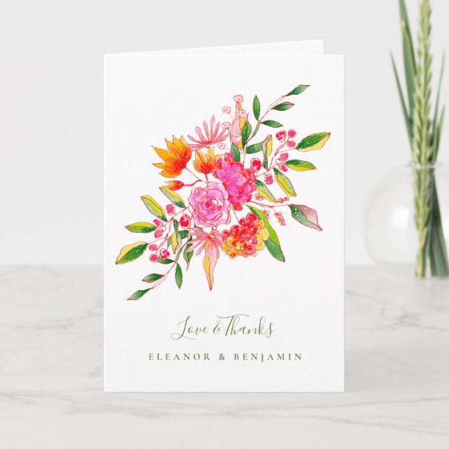 Carte De Remerciements Message du Mariage de photo rose vert (Devant)