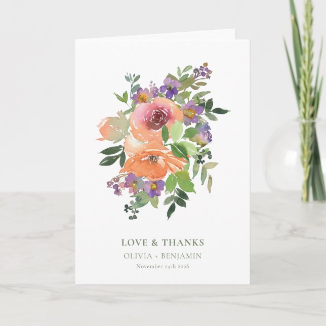 Carte De Remerciements Message personnalisé du Mariage Floral orange viol (Devant)