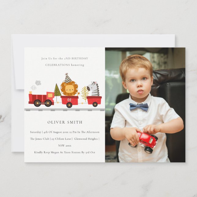 Carte De Remerciements Mignon Animal Train Photo N'Importe Quel Âge Anniv (Devant)