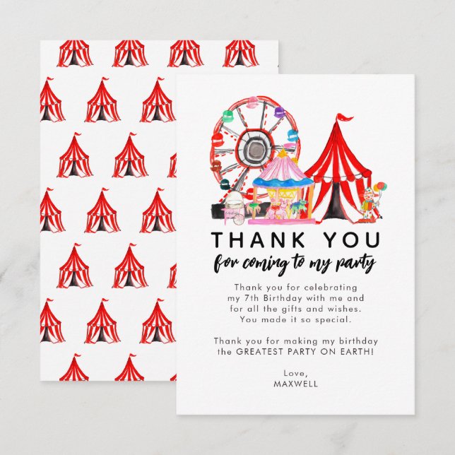 Carte De Remerciements Mignonne Carnival Cirque Show Clowns Ballons Anniv (Devant / Derrière)