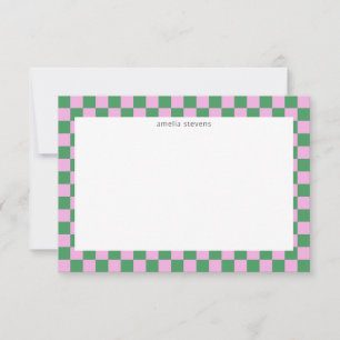 Carte De Remerciements Mignonne Fun Checkerboard rose Vert Nom géométriqu
