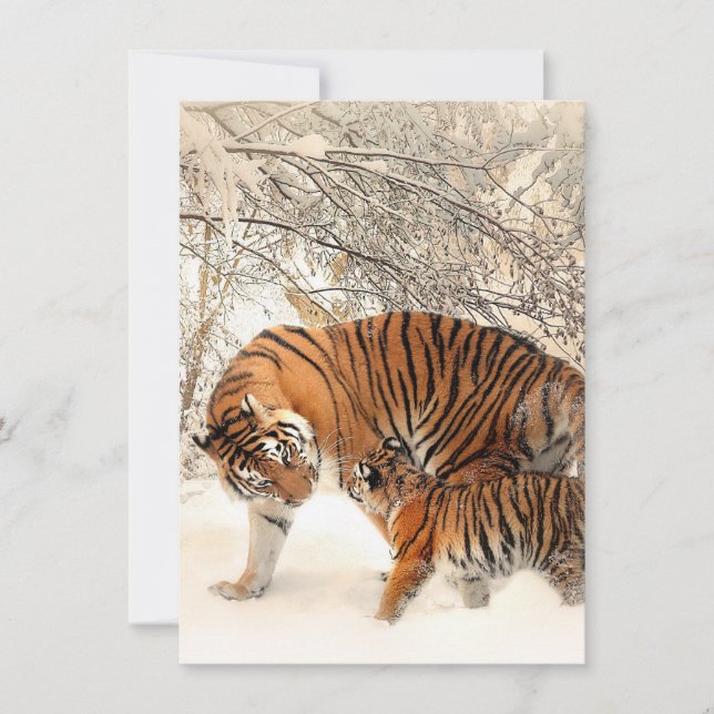 Carte De Remerciements Mignonne mère tigre avec un bébé en neige (Devant)
