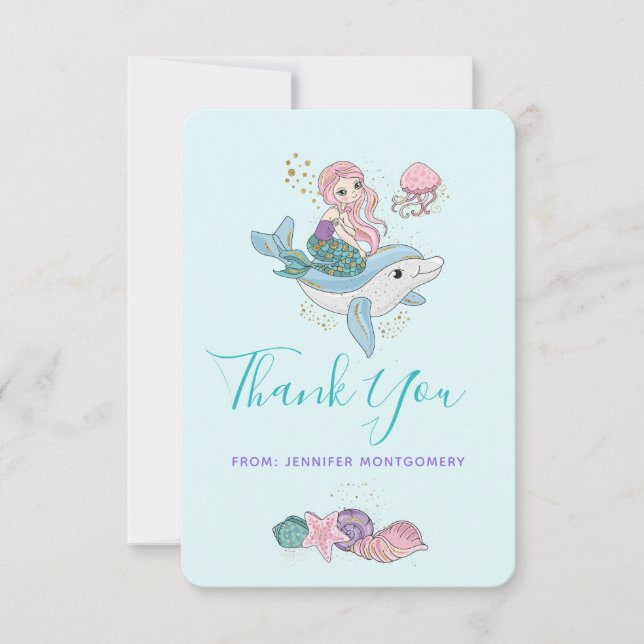 Carte De Remerciements Mignonne sirène chevauchant un dauphin sous la mer (Devant)