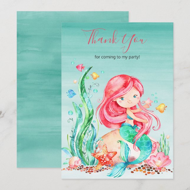 Carte De Remerciements Mignonne sirène d'aquarelle sous la mer Anniversai (Devant / Derrière)