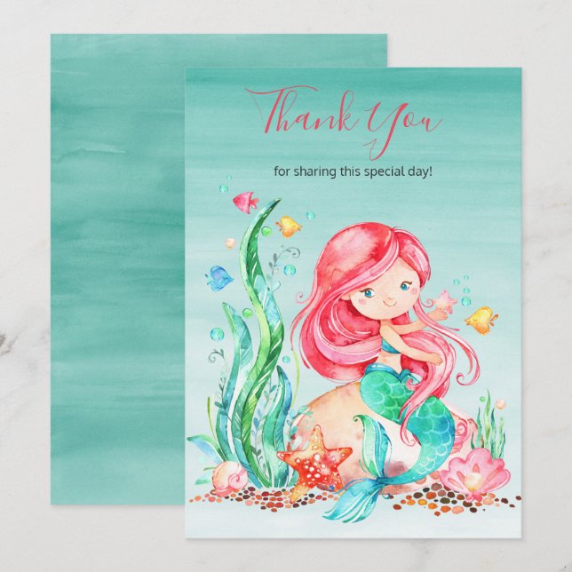 Carte De Remerciements Mignonne sirène d'aquarelle sous le Baby shower ma (Devant / Derrière)