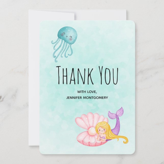 Carte De Remerciements Mignonne sirène sous l'aquarelle de la mer (Devant)