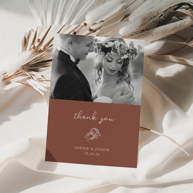 Carte De Remerciements Mini-fer à cheval | Photo de Mariage Brown rustiqu (Créateur téléchargé)