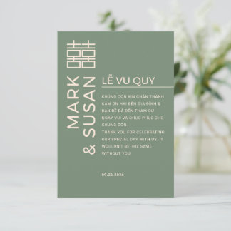 Carte De Remerciements Minimal Bilingual Vietnamese Wedding Green