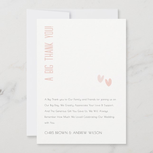 Carte De Remerciements Minimal Élégant Pastel Dusky Pink Hearts Mariage (Devant)