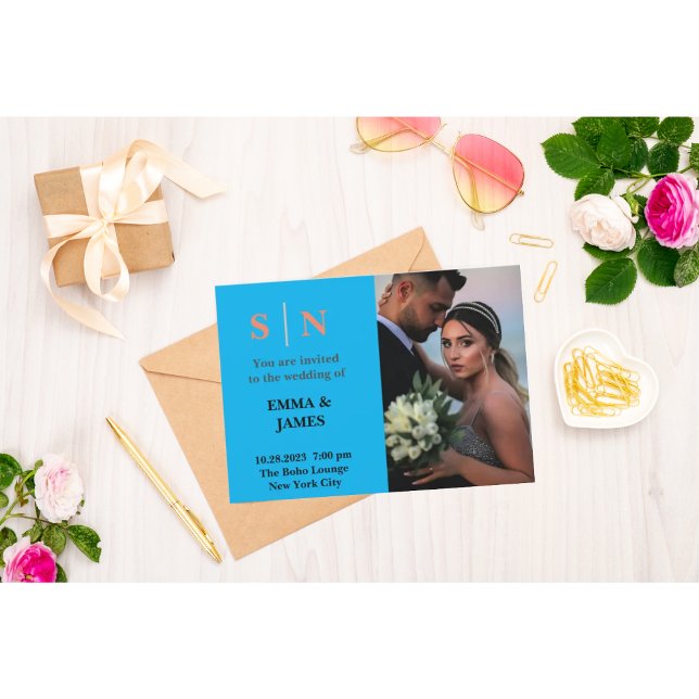 Carte De Remerciements Minimal et chic Dusty bleu Deux Mariage photo Tha (Créateur téléchargé)