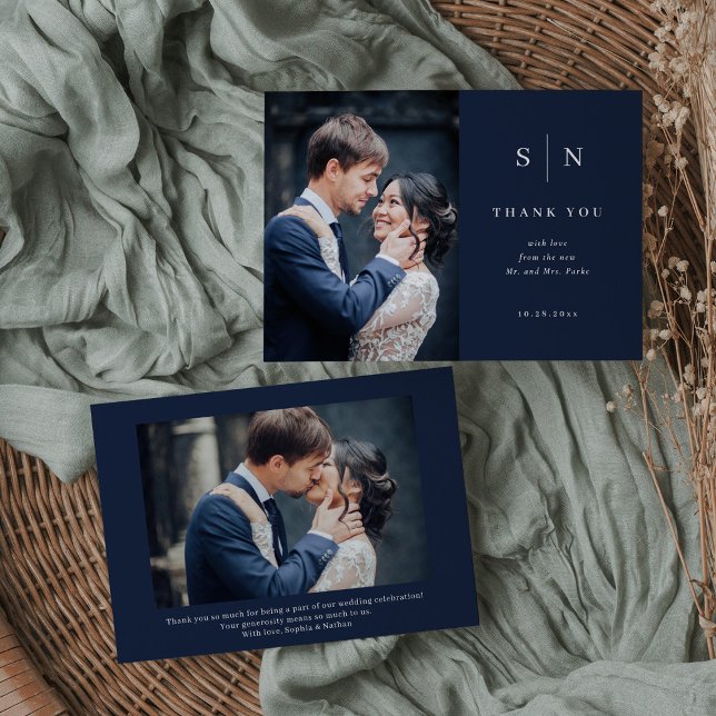 Carte De Remerciements Minimal et chic | Mariage photo Navy Blue Two (Créateur téléchargé)