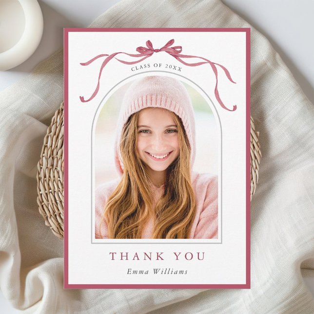 Carte De Remerciements Minimalist Deep Blush Bow Graduation Photo (Créateur téléchargé)