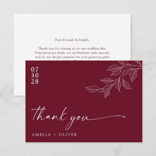 Carte De Remerciements Minimalist Script Burgundy Botanical Wedding (Devant / Derrière)
