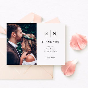 Carte De Remerciements Minimaliste et Chic Photo de mariage noir et bla