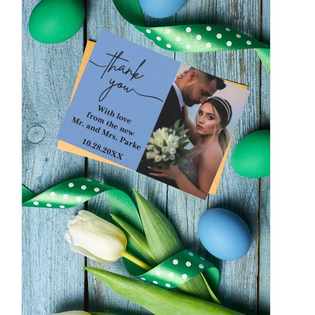 Carte De Remerciements Minimaliste et ChicMariage à deux photos en bleu p (Créateur téléchargé)