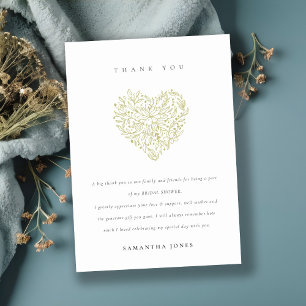 Carte De Remerciements Minimaliste floral vert sombre cœur mariage