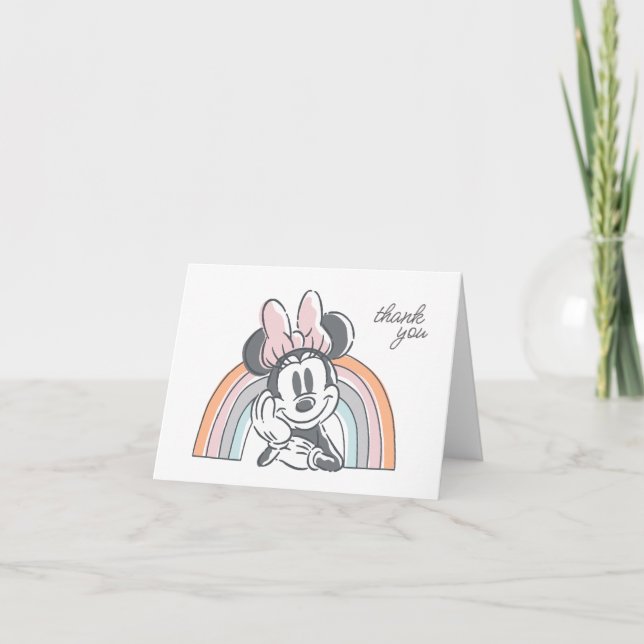 Carte De Remerciements Minnie Souris Aquarelle arc-en-ciel Anniversaire (Devant)
