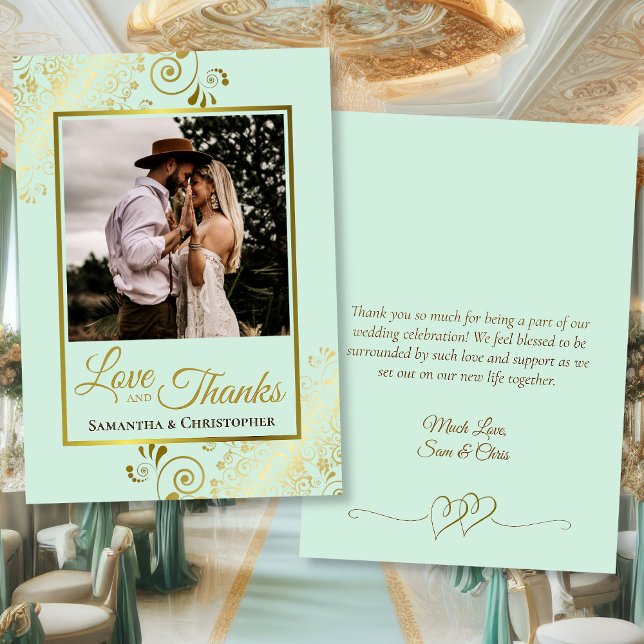 Carte De Remerciements Mint Green & Gold Love & Thanks Photo Note Mariage (Front/Back)