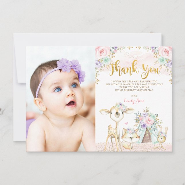 Carte De Remerciements Mint rose Purple Gold Floral Woodland Anniversaire (Devant)
