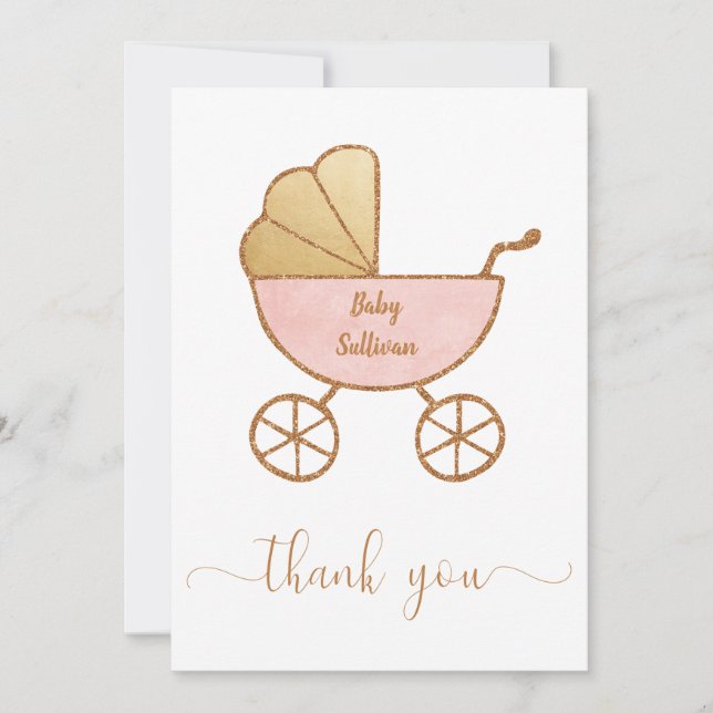 Carte De Remerciements Minuscule fille douche Retro transport rose or (Devant)