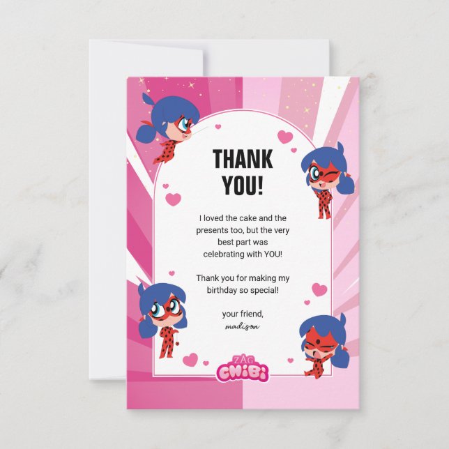 Carte De Remerciements Miraculous Ladybug Chibi Anniversaire (Devant)