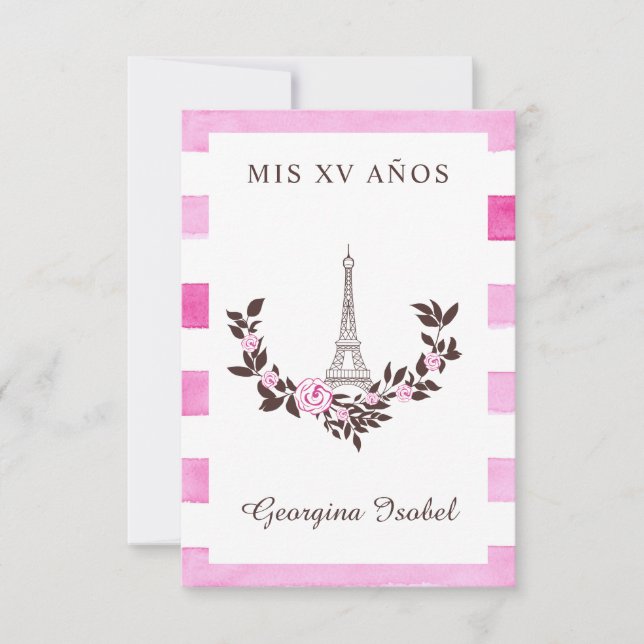 Carte De Remerciements Mis Quince años Diseño Floral París Rayas Rosa (Devant)