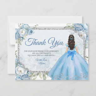 Carte De Remerciements Mis Quince Bleu Floral Argent Couronne Quinceañera