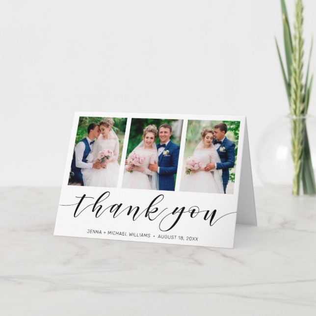 Carte De Remerciements Modern 3 Photo Collage Mariage de script noir (Devant)
