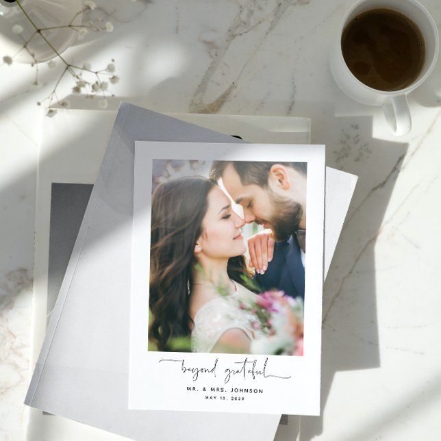 Carte De Remerciements Modern Beyond Grateful Script 2 Mariage photo (Grateful for the love and joy you shared on our special day. )