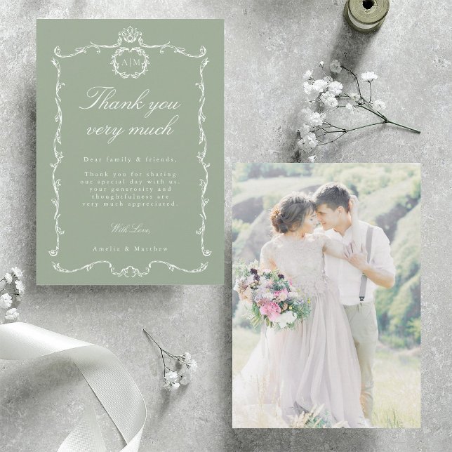 Carte De Remerciements Modern Classic French Wedding Photo Sage Green (Front & Back)