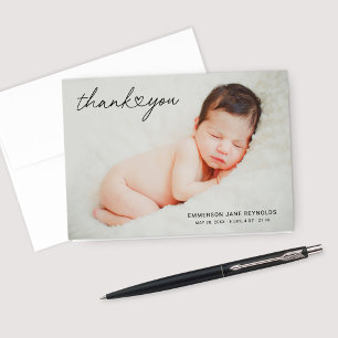 Carte De Remerciements Modern Custom Newborn Baby Photo Heart Script