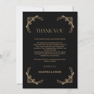 Carte De Remerciements Modern Deco | Elegant Black and Gold Wedding