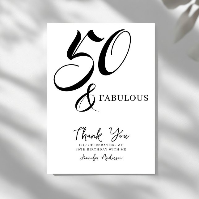 Carte De Remerciements Modern Elegant Black White Fifty Fabulous Birthday (Créateur téléchargé)