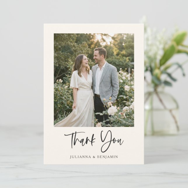 Carte De Remerciements Modern Elegant Script Black Ivory Photo Wedding  (Debout devant)
