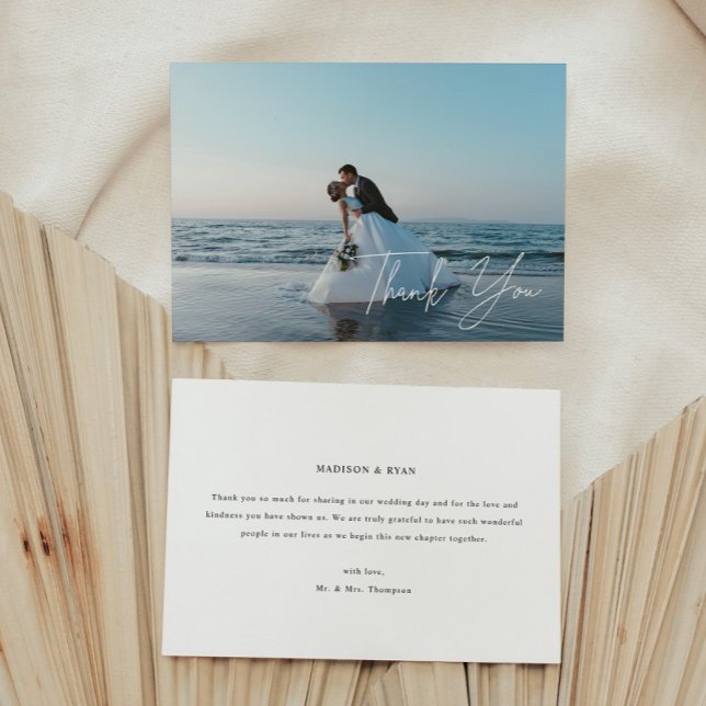 Carte De Remerciements Modern Full Photo Script Lettering Wedding (Créateur téléchargé)