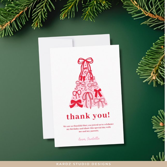 Carte De Remerciements Modern Pink Red Tree Bow Birthday (Flat Thank You Card shown in 3.5 x 5 inches. Choose size, paper type, and standard-high def. print)