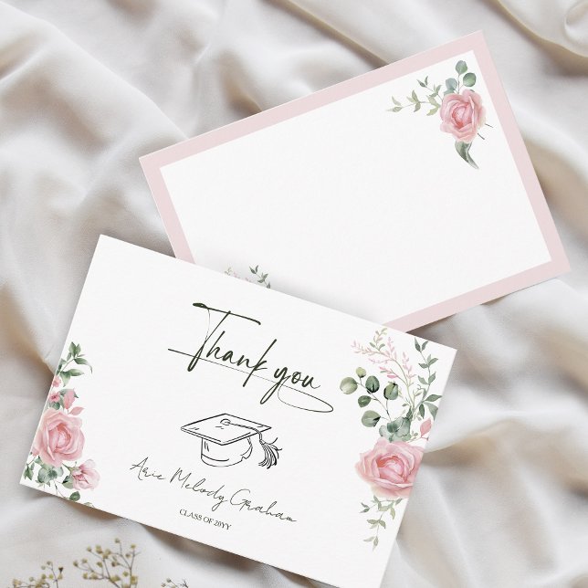 Carte De Remerciements Modern Pink Roses Script Graduation (Créateur téléchargé)